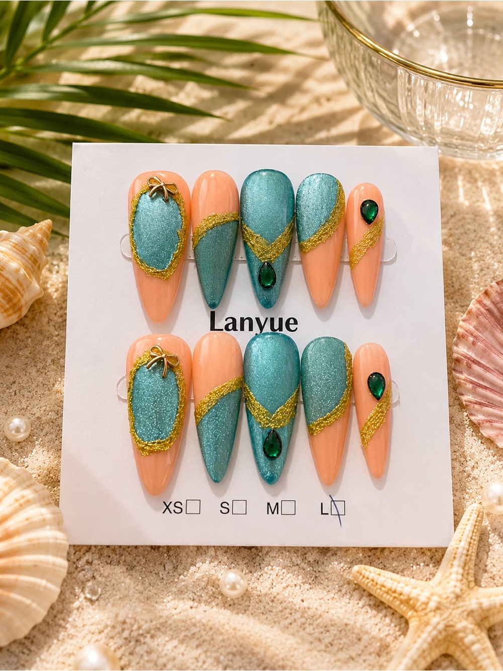 Peach & Teal Gold-Accent Press-On Nail Set - Women Makeup